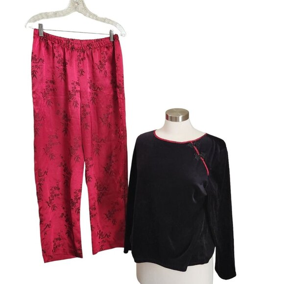 CALIFORNIA DYNASTY WOMAN'S Chinese SATIN 2‎ PC PJ PAJAMAS LOUNGE SET SZ M Velvet - Picture 1 of 13
